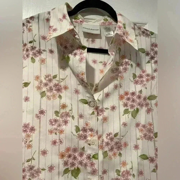 Alfred Dunner Floral Striped 3/4 Sleeve Collared Button Down Semi Sheer Size 14 - Picture 2 of 14